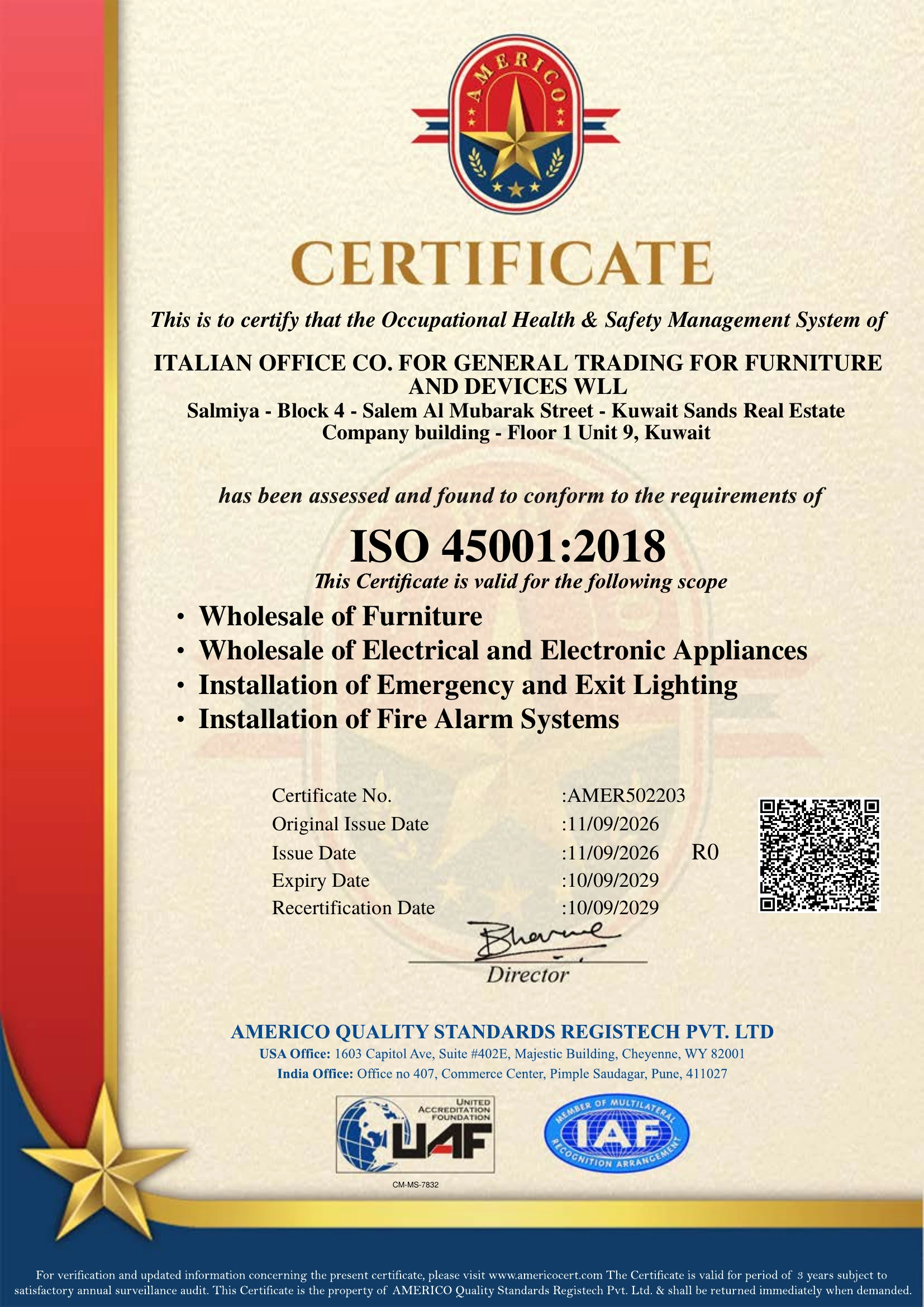 ISO 45001 occupational health and safety certificate for Italian Office
