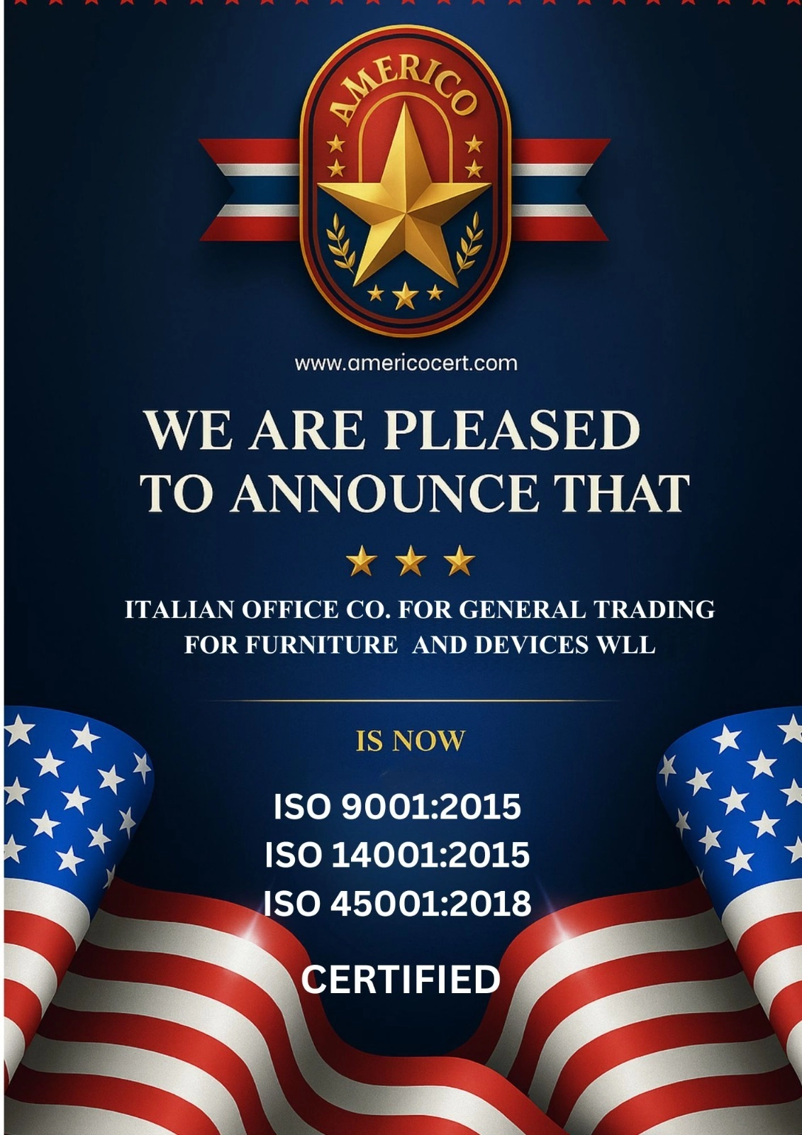 Americo ISO 9001, 14001 and 45001 certification for Italian Office
