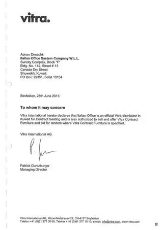 Vitra International AG certificate