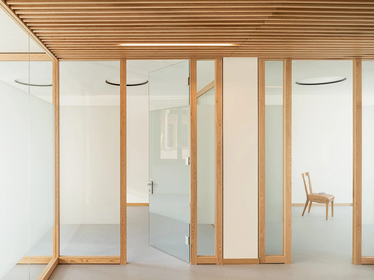 Nordwood glass-and-wood partition wall system by Nordwall
